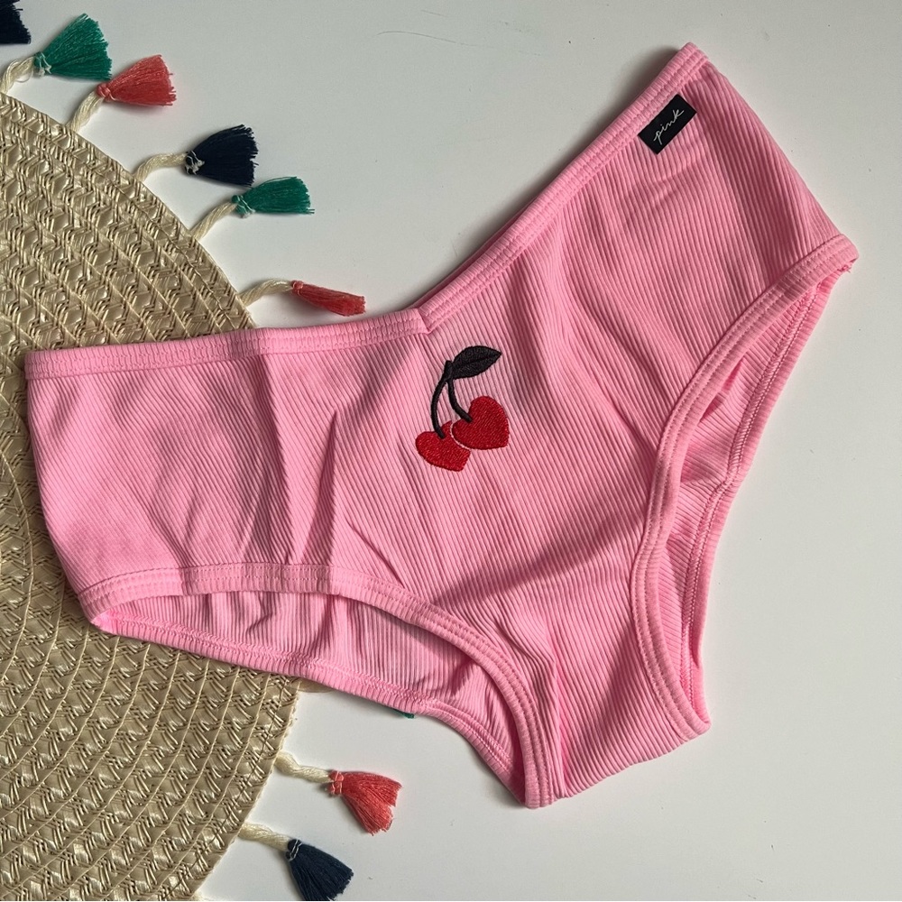 Victoria's Secret PINK Cotton Ribbed Cheekster Panty Pink Cherry Heart V-Day NEW